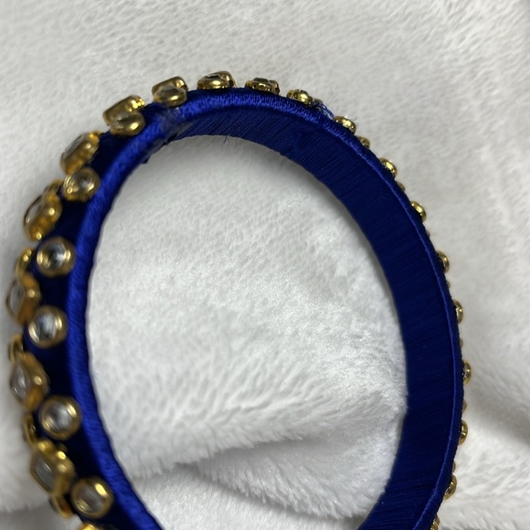 Bangle, royal blue, rhinestones round and square,wrapped thread covering. - Picture 4 of 4
